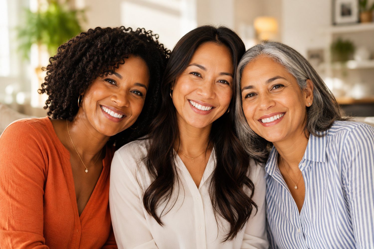 Three diverse women smiling together at home